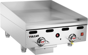 The Vulcan 924RX_LP is a heavy duty griddle with two control knobs, an on/off switch, a flat cooking surface, raised back and side splashes, sturdy legs, and a front grease tray beneath the main control panel.