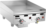A heavy duty countertop gas griddle, this 24" stainless steel model features two control knobs, a flat cooking surface, raised back and side guards, short legs, plus the Vulcan logo on the front panel with a red power indicator light and rectangular switch.