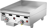 The Vulcan 924RX_LP is a heavy duty, commercial stainless steel countertop gas griddle with a smooth cooking surface, two control knobs, a red power light, grease tray, brand label on the front, and four sturdy legs.