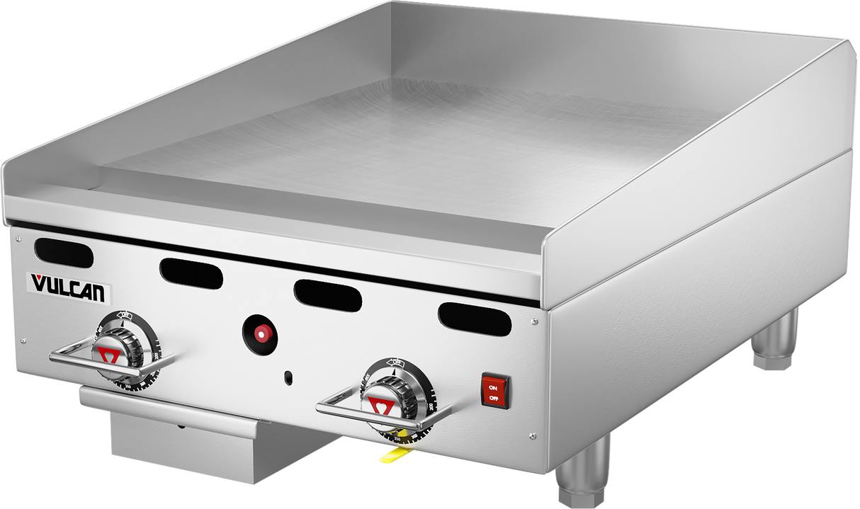 The Vulcan 924RX-30_LP is a heavy duty griddle with two control knobs, a flat cooking surface, raised sides, and small legs. This countertop gas griddle features the Vulcan logo, power indicator light, and an on/off switch on the front panel.