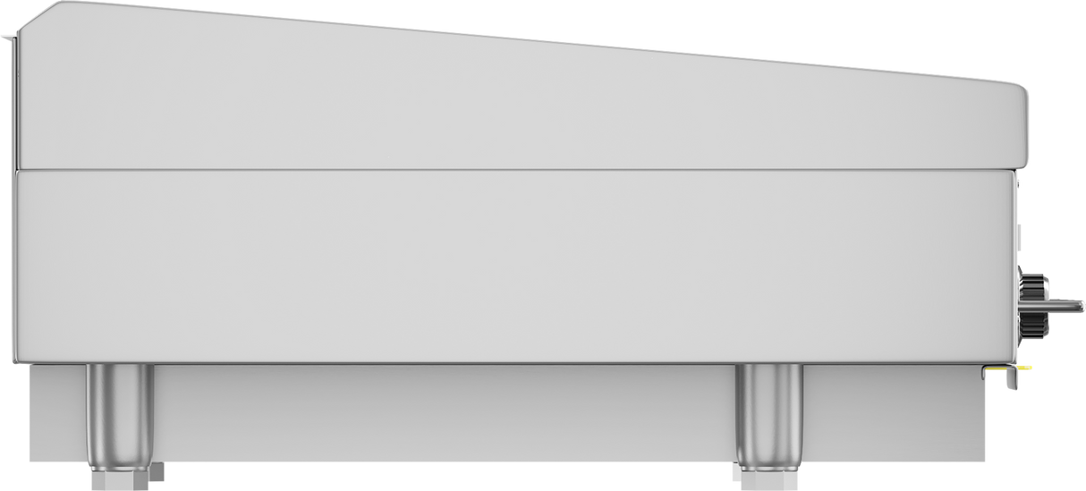 The image shows the side view of a modern, silver commercial espresso machine with a sleek, sloped top. Two metal legs elevate the machine, reminiscent of a Vulcan 924RX_LP heavy duty griddle. A black and yellow steam control knob is on the right side.