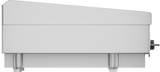 Side view of a modern, minimalist white espresso machine with a flat front, angled top, and metal legs. Two black dials and a yellow lever resemble the control components on a countertop gas griddle. The background is plain white.