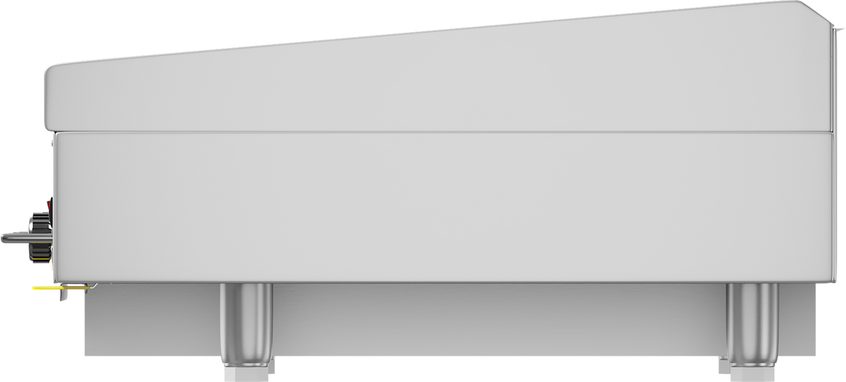 Side view of a modern, silver espresso machine with a minimalist design sits beside a heavy duty griddle. The machine rests on four short legs, its smooth surface and straight lines echoing the sleek, functional look of commercial appliances.