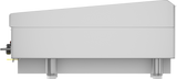 Side view of a modern, silver espresso machine with a minimalist design sits beside a heavy duty griddle. The machine rests on four short legs, its smooth surface and straight lines echoing the sleek, functional look of commercial appliances.