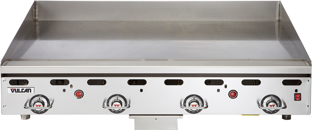 A heavy duty 48" countertop gas griddle with four control knobs, red indicator lights, and the Vulcan logo on the front panel. The large, smooth cooking surface is ideal for busy restaurant kitchens.