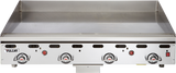 A heavy duty 48" countertop gas griddle with four control knobs, red indicator lights, and the Vulcan logo on the front panel. The large, smooth cooking surface is ideal for busy restaurant kitchens.
