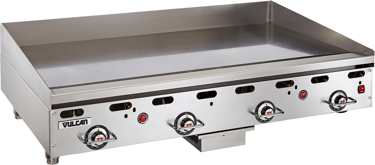 A heavy duty 48" griddle, this commercial stainless steel countertop gas griddle features four control knobs, indicator lights, and the Vulcan logo. Raised sides help contain food, and the clean flat-top surface is ready for high-volume cooking.