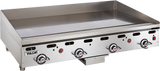 A heavy duty 48" griddle, this commercial stainless steel countertop gas griddle features four control knobs, indicator lights, and the Vulcan logo. Raised sides help contain food, and the clean flat-top surface is ready for high-volume cooking.