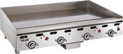 A large commercial Vulcan 948RX heavy duty griddle with four control knobs, an ignition button, and raised back and side splashes. The clean, shiny countertop gas griddle surface is ideal for cooking large quantities of food. Vulcan logo is visible on the front panel.