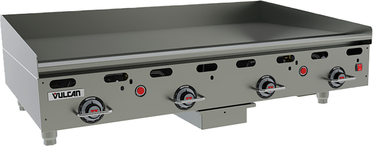 A Heavy Duty Griddle, this 48" countertop gas griddle features four red and black control knobs below vent slots, a flat cooking surface with raised back and side guards, Vulcan branding on the front left, and stands on four short legs.