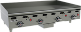 A heavy duty griddle, the Vulcan 960RX_NAT features four control knobs with red accents, a flat cooking surface with raised sides and back, and sturdy short legs—all in a commercial countertop gas griddle design.
