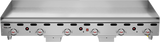 A large commercial 72 inch heavy duty griddle with five control knobs, red indicator lights, and a raised backsplash; the brand name Vulcan is visible on the front left side.