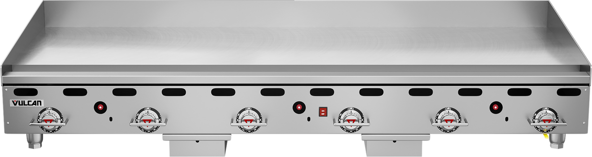 The Vulcan 972RX_LP is a heavy duty countertop gas griddle featuring six black and red control knobs, a flat stainless steel cooking surface, vent slots, and raised splash guards for superior performance in any commercial kitchen.