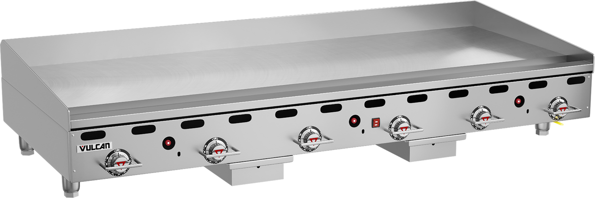 A large, heavy duty griddle by Vulcan features a smooth 72 inch cooking surface, six control knobs with red indicator lights, a tall rear backsplash, and sturdy three-leg construction—perfect as a professional countertop gas griddle.