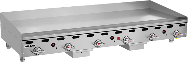 A large, heavy duty griddle by Vulcan features a smooth 72 inch cooking surface, six control knobs with red indicator lights, a tall rear backsplash, and sturdy three-leg construction—perfect as a professional countertop gas griddle.