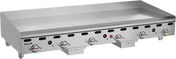 A large Vulcan 972RX countertop gas griddle with six control knobs and indicator lights on the front panel. This heavy duty griddle features a flat stainless steel surface with raised edges and Vulcan branding on the bottom left corner.