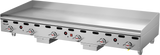 A stainless steel, heavy duty griddle with six control knobs, a flat cooking surface, and a branded Vulcan logo on the left. This 72 inch griddle features indicator lights, perfect for use in professional kitchens.