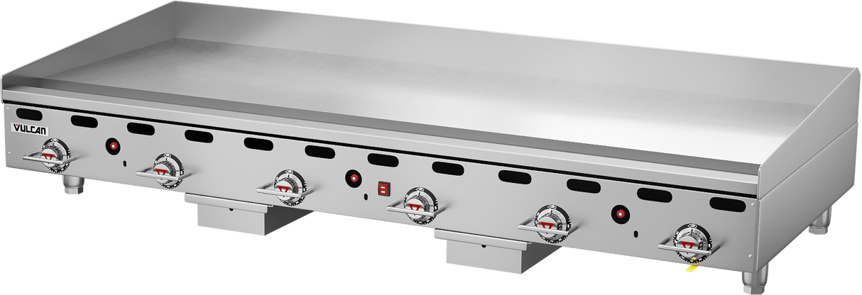 The Vulcan 972RX is a heavy duty countertop gas griddle with six control knobs and indicator lights on the front panel. Its wide, smooth stainless steel surface lets you prepare multiple foods at once. The Vulcan brand name appears on the left side.