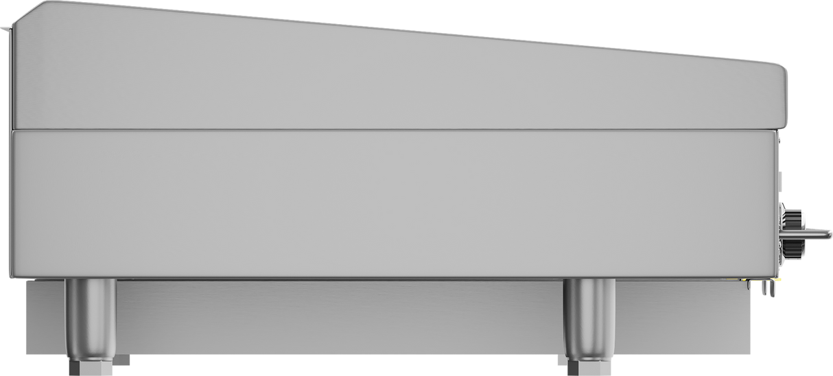 Side view of a Vulcan 972RX_LP countertop gas griddle with a sloped top, four sturdy legs, and control knobs on the right side. This heavy duty griddle boasts a sleek, industrial design and smooth, stainless steel finish.