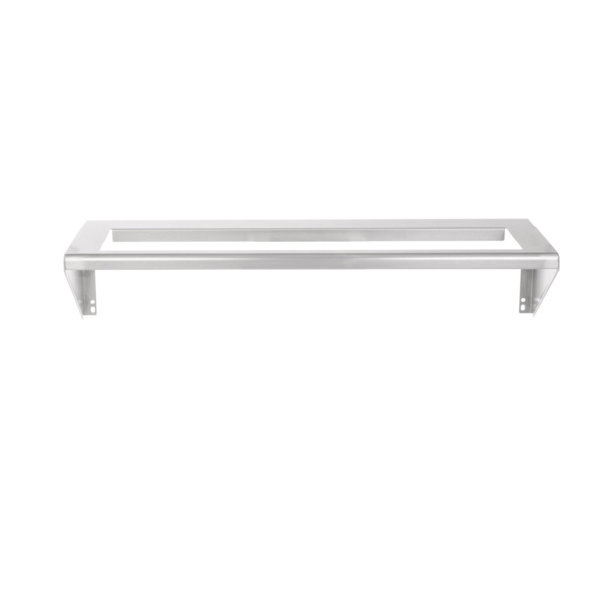 A single, wall-mounted, silver metal shelf with an open rectangular frame design and two triangular side brackets like the Vulcan CONRAIL-36 condiment rail. Minimalistic, it features mounting holes on each bracket and fits 1/6 size pans.