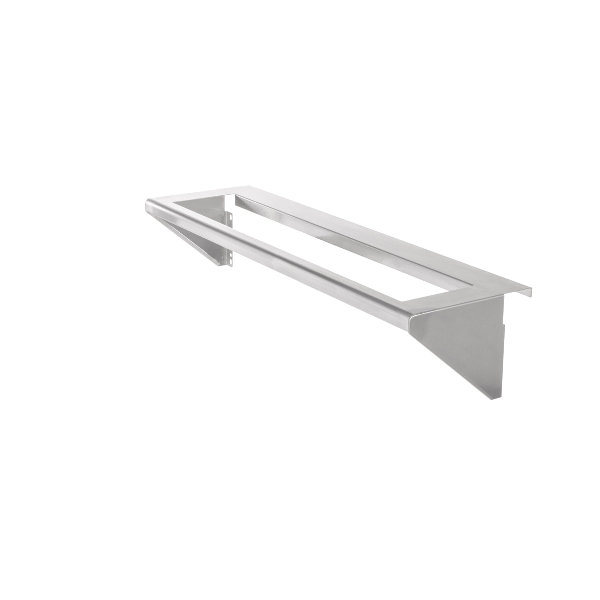 A sleek, rectangular metal wall shelf with a minimalist design and brushed silver finish, the Vulcan CONRAIL-36 condiment rail features two side supports and an open central space, ideal for holding 1/6 size pans against a plain white background.
