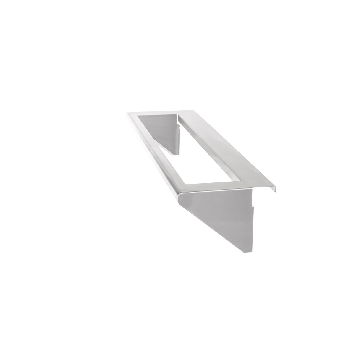 A sleek, metallic rectangular bracket with sharp angles, extending outward in an L-shape. Designed for use with the Vulcan CONRAIL-36 condiment rail, it features a large central cutout to hold 1/6 size pans. Stainless steel, isolated on white background.