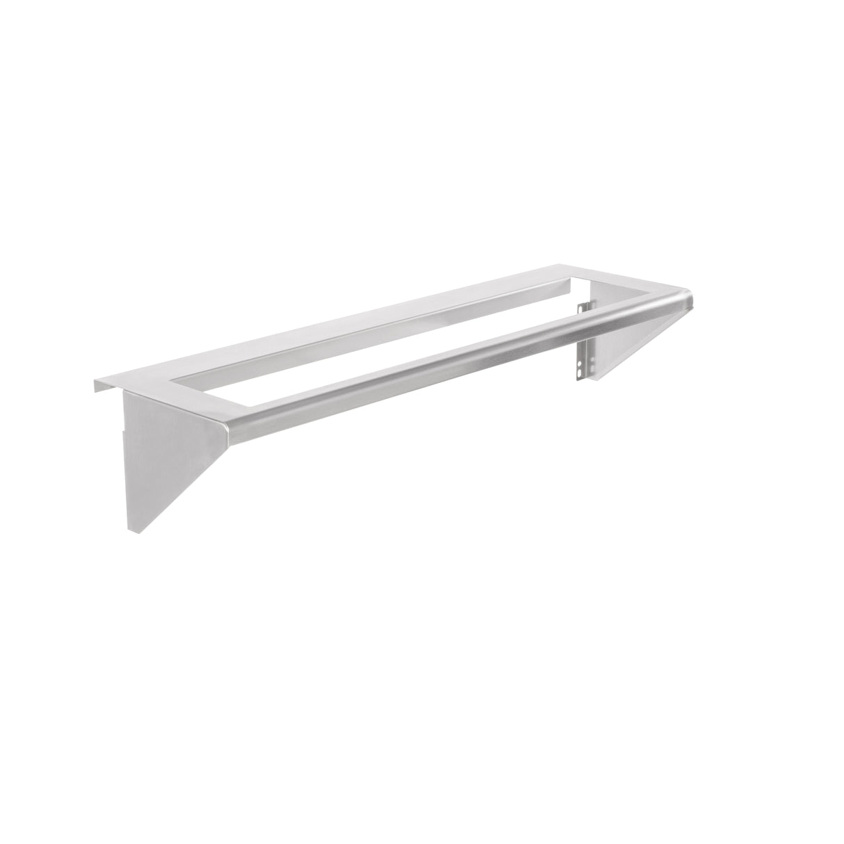 A silver Vulcan CONRAIL-36 wall-mounted condiment rail shelf frame with two triangular side brackets and an open rectangular center, photographed on a white background. The minimalist design holds 1/6 size pans, featuring smooth surfaces and clean lines.