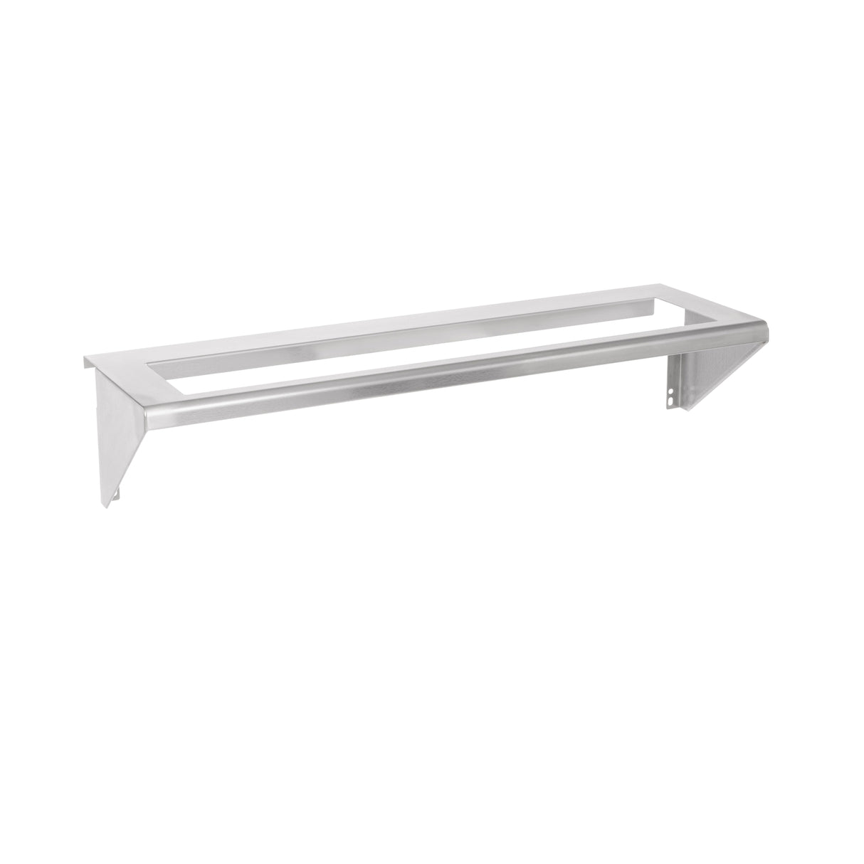A simple, rectangular stainless steel wall-mounted shelf with open sides and a frame-like structure, this Vulcan CONRAIL-36 features two triangular brackets for support. The minimalistic, industrial design is perfect for organizing 1/6 size pans or as a condiment rail.
