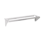 A simple, rectangular stainless steel wall-mounted shelf with open sides and a frame-like structure, this Vulcan CONRAIL-36 features two triangular brackets for support. The minimalistic, industrial design is perfect for organizing 1/6 size pans or as a condiment rail.