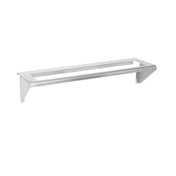 A simple, rectangular stainless steel wall-mounted shelf with open sides and a frame-like structure, this Vulcan CONRAIL-36 features two triangular brackets for support. The minimalistic, industrial design is perfect for organizing 1/6 size pans or as a condiment rail.