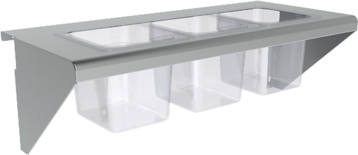 The Vulcan CONRAIL-CG24 is a metal and plastic condiment rail with three clear rectangular bins beneath a silver lid, designed for wall-mounting or countertop use—ideal for commercial kitchens or food service operations.