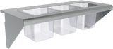 The Vulcan CONRAIL-CG24 is a metal and plastic condiment rail with three clear rectangular bins beneath a silver lid, designed for wall-mounting or countertop use—ideal for commercial kitchens or food service operations.