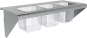 The Vulcan CONRAIL-CG24 is a metal and plastic condiment rail with three clear rectangular bins beneath a silver lid, designed for wall-mounting or countertop use—ideal for commercial kitchens or food service operations.