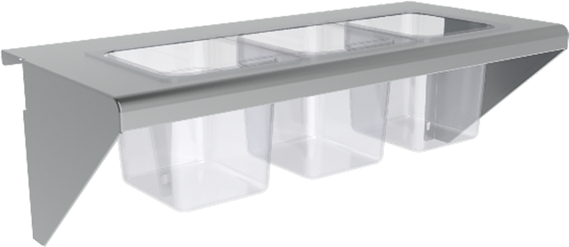 The Vulcan CONRAIL-CG24 is a metal and plastic condiment rail with three clear rectangular bins beneath a silver lid, designed for wall-mounting or countertop use—ideal for commercial kitchens or food service operations.