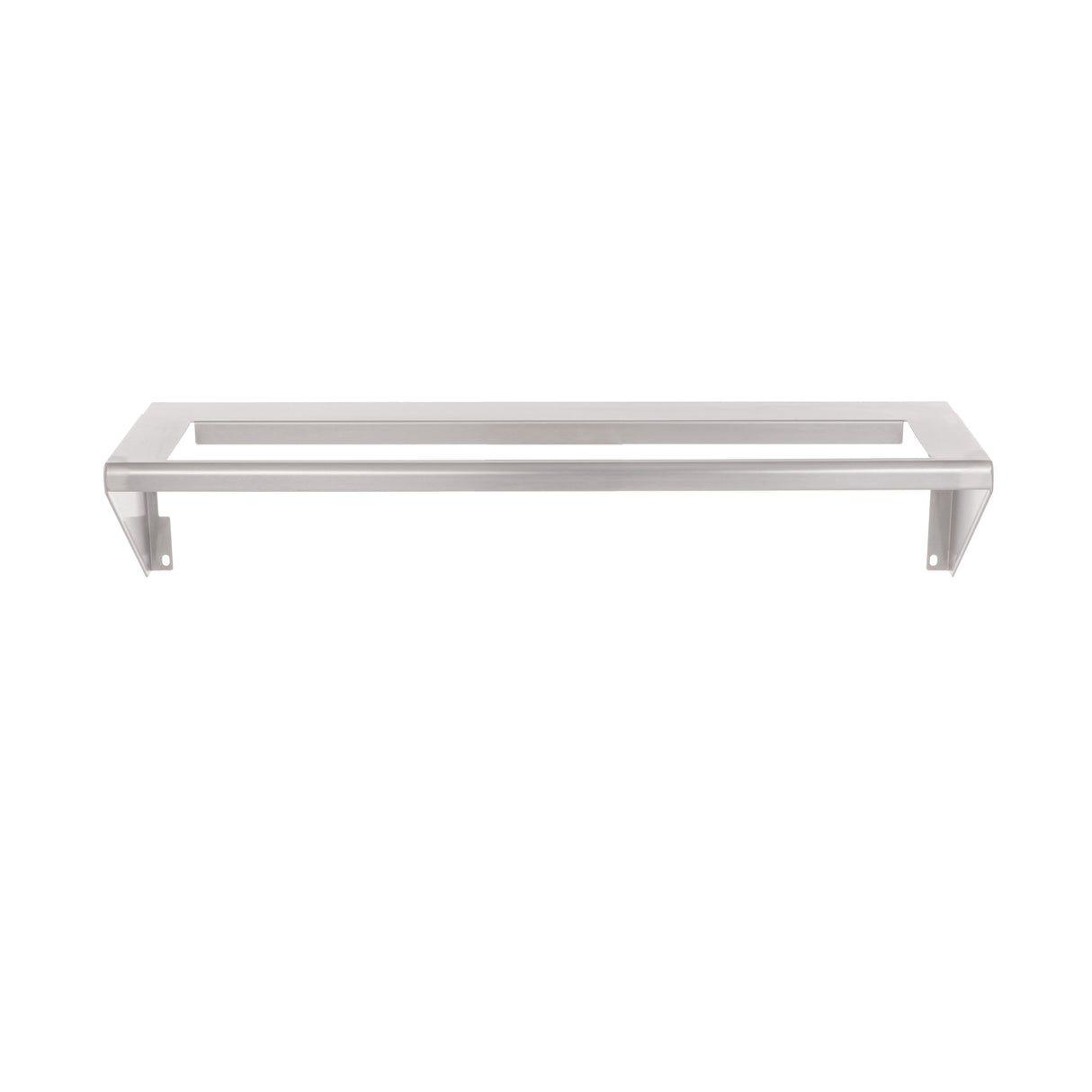 A silver metal wall-mounted shelf bracket with a rectangular frame and two side supports, this Vulcan CONRAIL-ACB36 features screw holes for easy attachment. The simple, modern design is minimal and unadorned—ideal for use as a condiment rail.