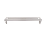 A silver metal wall-mounted shelf bracket with a rectangular frame and two side supports, this Vulcan CONRAIL-ACB36 features screw holes for easy attachment. The simple, modern design is minimal and unadorned—ideal for use as a condiment rail.