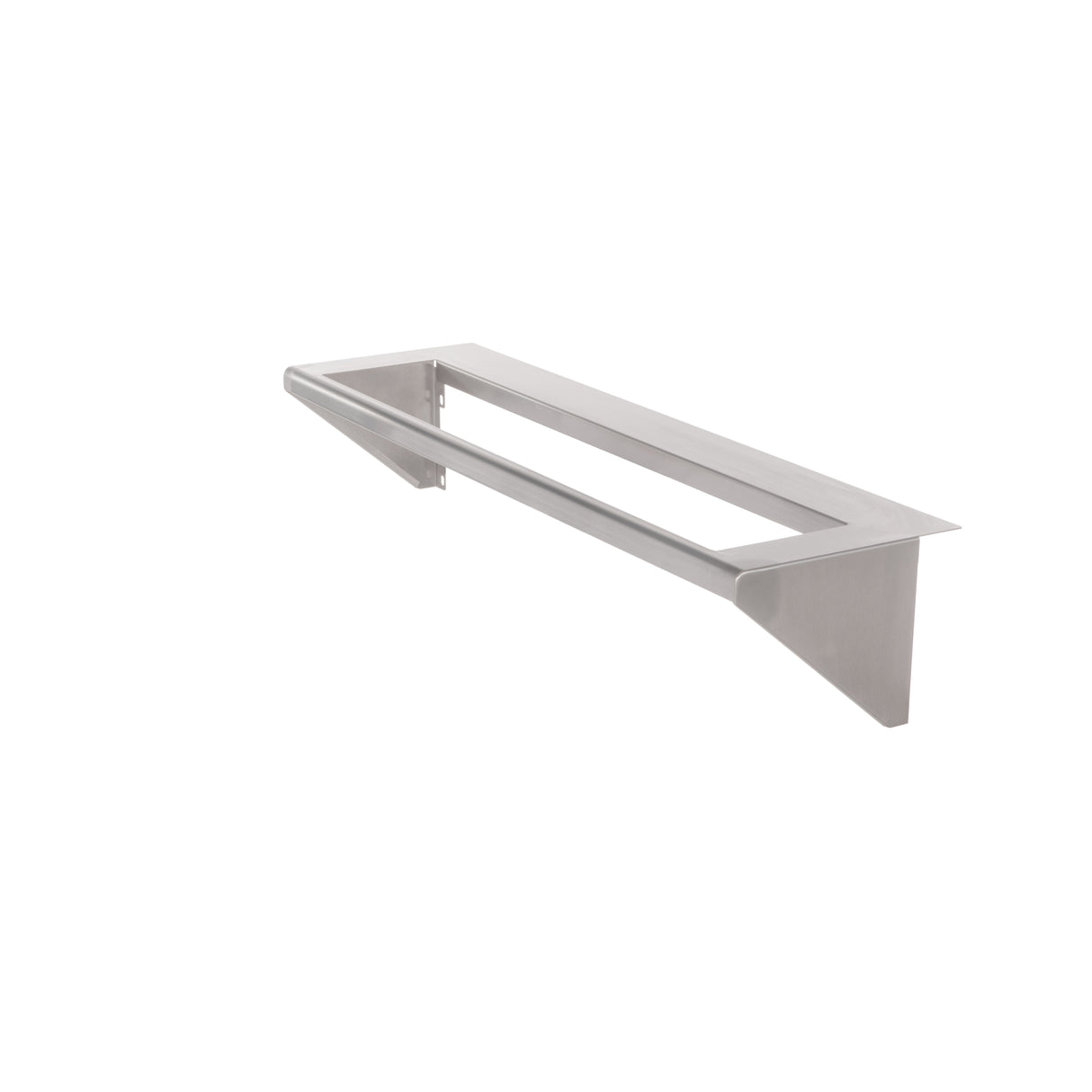 The Vulcan CONRAIL-ACB36 stainless steel wall-mounted shelf features a rectangular open center and a sturdy condiment rail. Angled side supports ensure stability, while its minimalist, industrial design complements any space. Background is plain white.