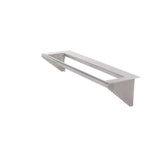 The Vulcan CONRAIL-ACB36 stainless steel wall-mounted shelf features a rectangular open center and a sturdy condiment rail. Angled side supports ensure stability, while its minimalist, industrial design complements any space. Background is plain white.