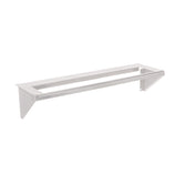 A silver metal wall shelf with a rectangular frame, open center, and triangular side supports. This Vulcan CONRAIL-ACB36 shelf features a minimalist, modern design and is perfect as a condiment rail, mounted on a plain white background.