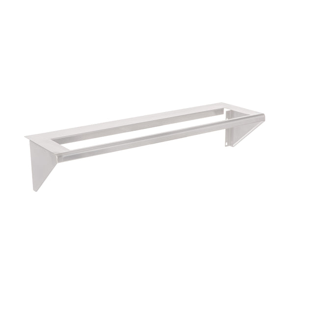 A silver metal wall shelf with a rectangular frame, open center, and triangular side supports. This Vulcan CONRAIL-ACB36 shelf features a minimalist, modern design and is perfect as a condiment rail, mounted on a plain white background.