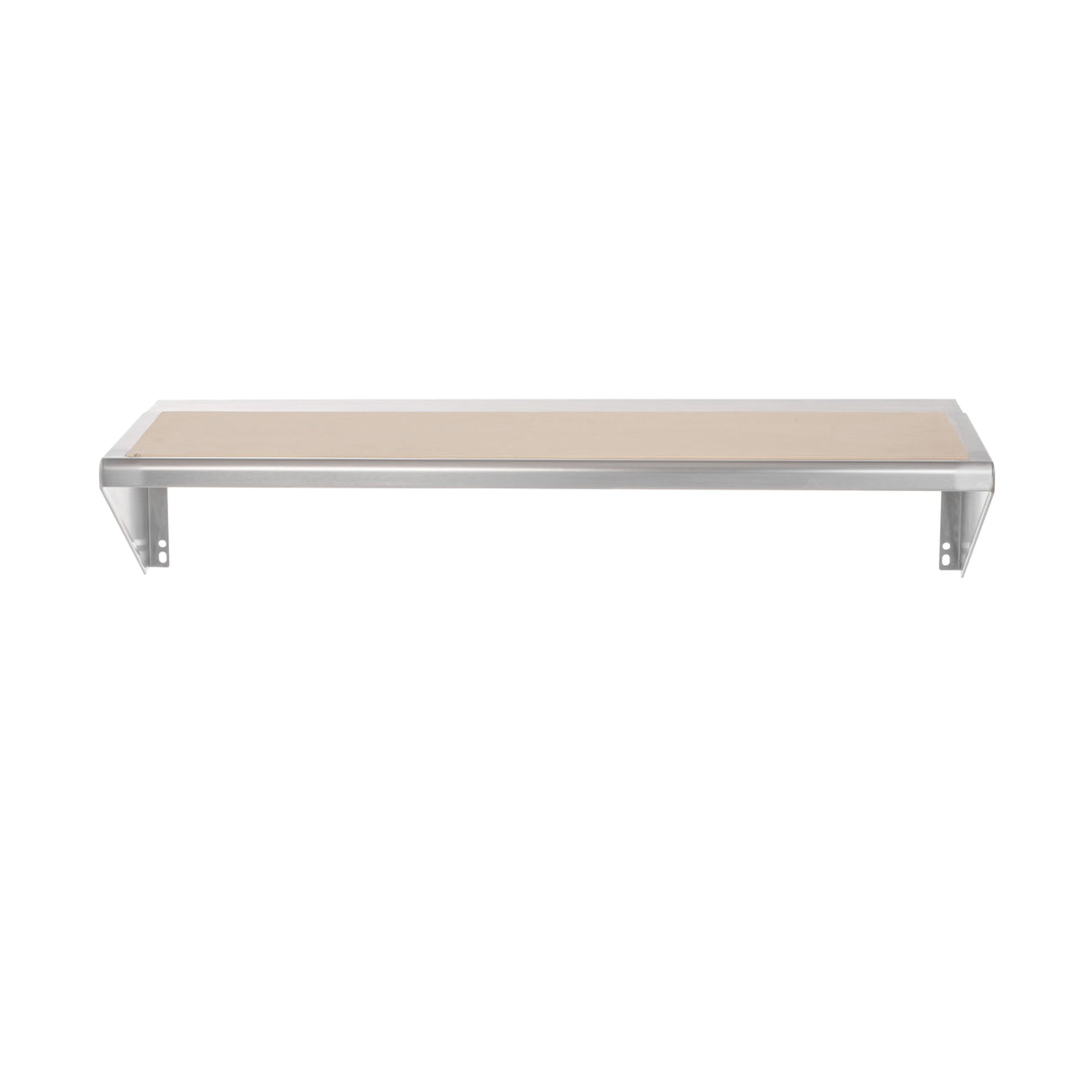 A single wall-mounted shelf with a stainless steel frame and a light-colored wooden top. The rectangular shelf features two visible brackets on each end for mounting onto a wall. The background is plain white.