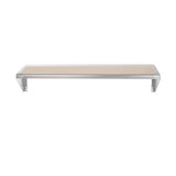 A single wall-mounted shelf with a stainless steel frame and a light-colored wooden top. The rectangular shelf features two visible brackets on each end for mounting onto a wall. The background is plain white.
