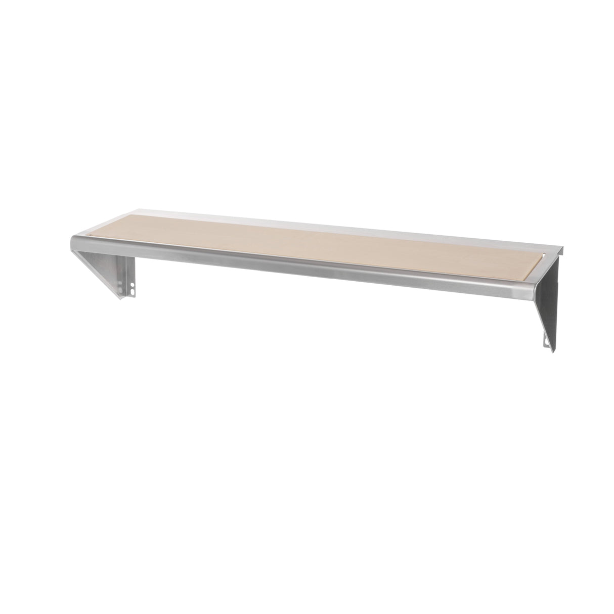 A simple wall-mounted shelf with a rectangular, light wood surface reminiscent of a cutting board and sturdy stainless steel brackets on both sides, shown against a plain white background. The design is minimalist and functional.