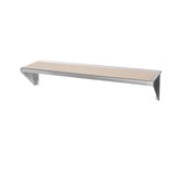 A simple wall-mounted shelf with a rectangular, light wood surface reminiscent of a cutting board and sturdy stainless steel brackets on both sides, shown against a plain white background. The design is minimalist and functional.