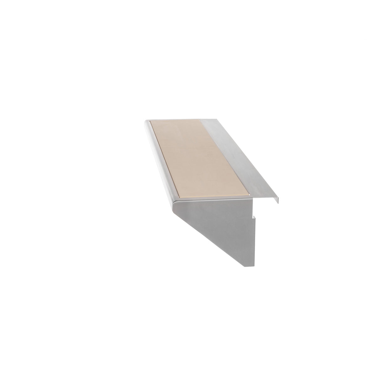 A metal stair nosing with a beige non-slip insert, angled to show the profile. The nosing features a durable stainless steel finish, a flat top surface with the insert, and an extended lip for secure stair tread coverage. The background is plain white.