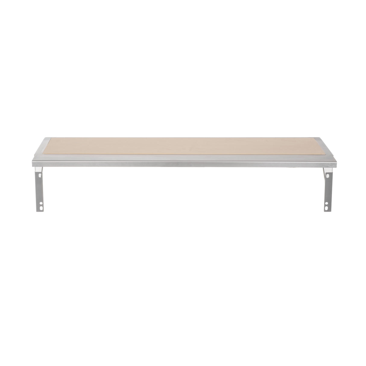A plain wall-mounted shelf with a light wooden surface reminiscent of a cutting board and a silver stainless steel frame. Two metal brackets support the shelf, attached at each end. The white background highlights its simple, minimalist design.