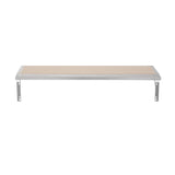 A plain wall-mounted shelf with a light wooden surface reminiscent of a cutting board and a silver stainless steel frame. Two metal brackets support the shelf, attached at each end. The white background highlights its simple, minimalist design.
