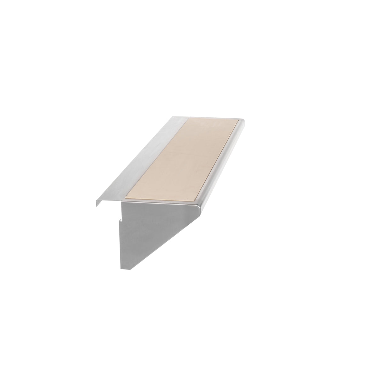 A metal stair nosing with a rectangular tan-colored Sani-Tuff anti-slip insert is displayed on a white background. The nosing has a right-angle profile, with one side covering the stair edge and the other lying flat on the tread.