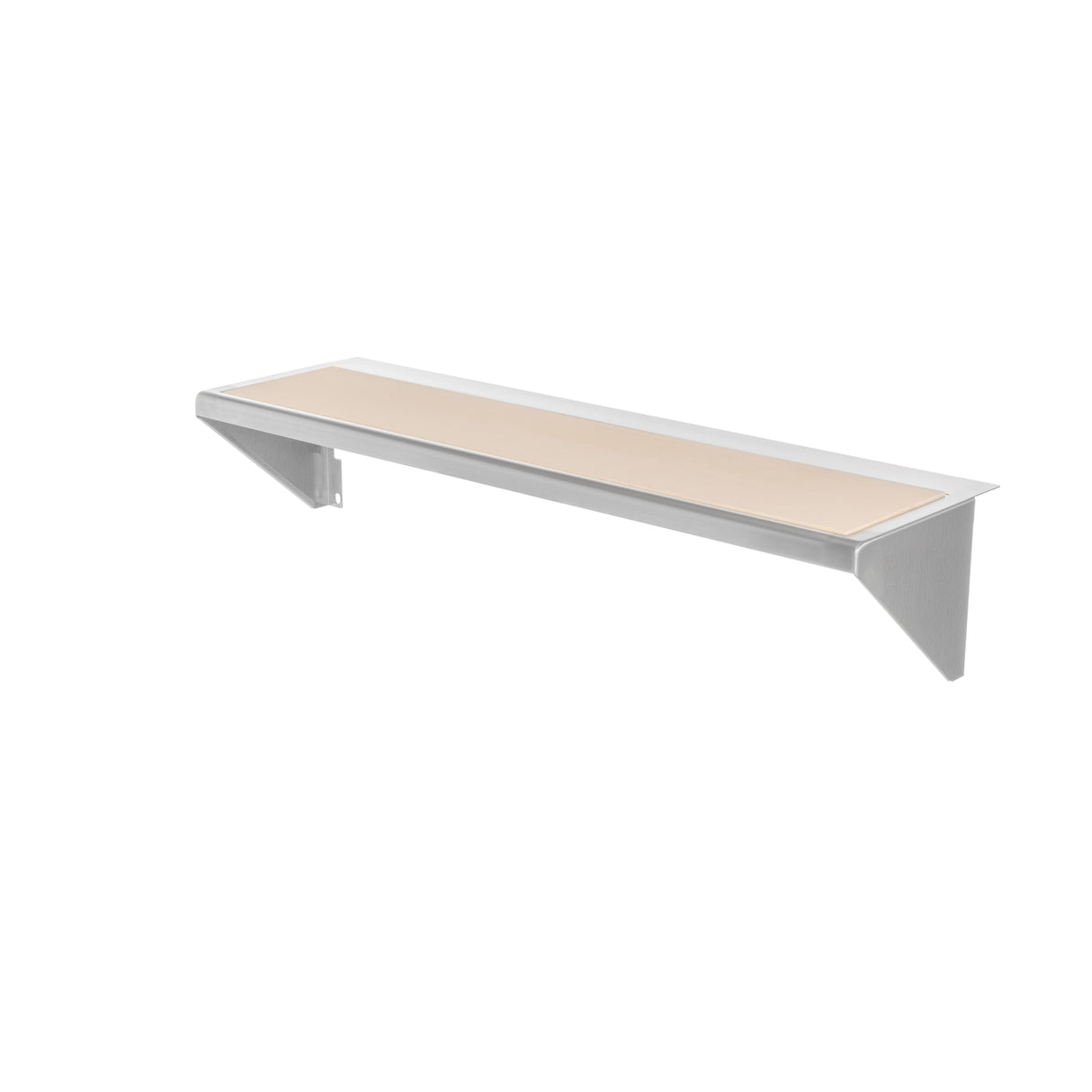 A minimalist wall-mounted shelf with a rectangular light wood surface and stainless steel brackets, shown against a plain white background. The shelf has a simple, modern design and is photographed at an angle, highlighting its clean lines.
