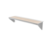 A minimalist wall-mounted shelf with a rectangular light wood surface and stainless steel brackets, shown against a plain white background. The shelf has a simple, modern design and is photographed at an angle, highlighting its clean lines.
